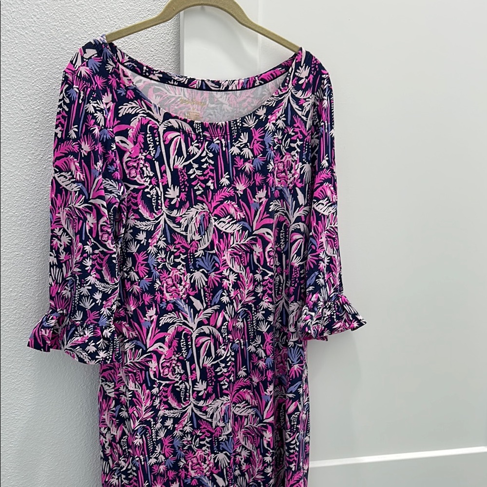 Lilly Pulitzer Pink and Black Ruffled Resort Dress. Sleeves are 3/4 long .